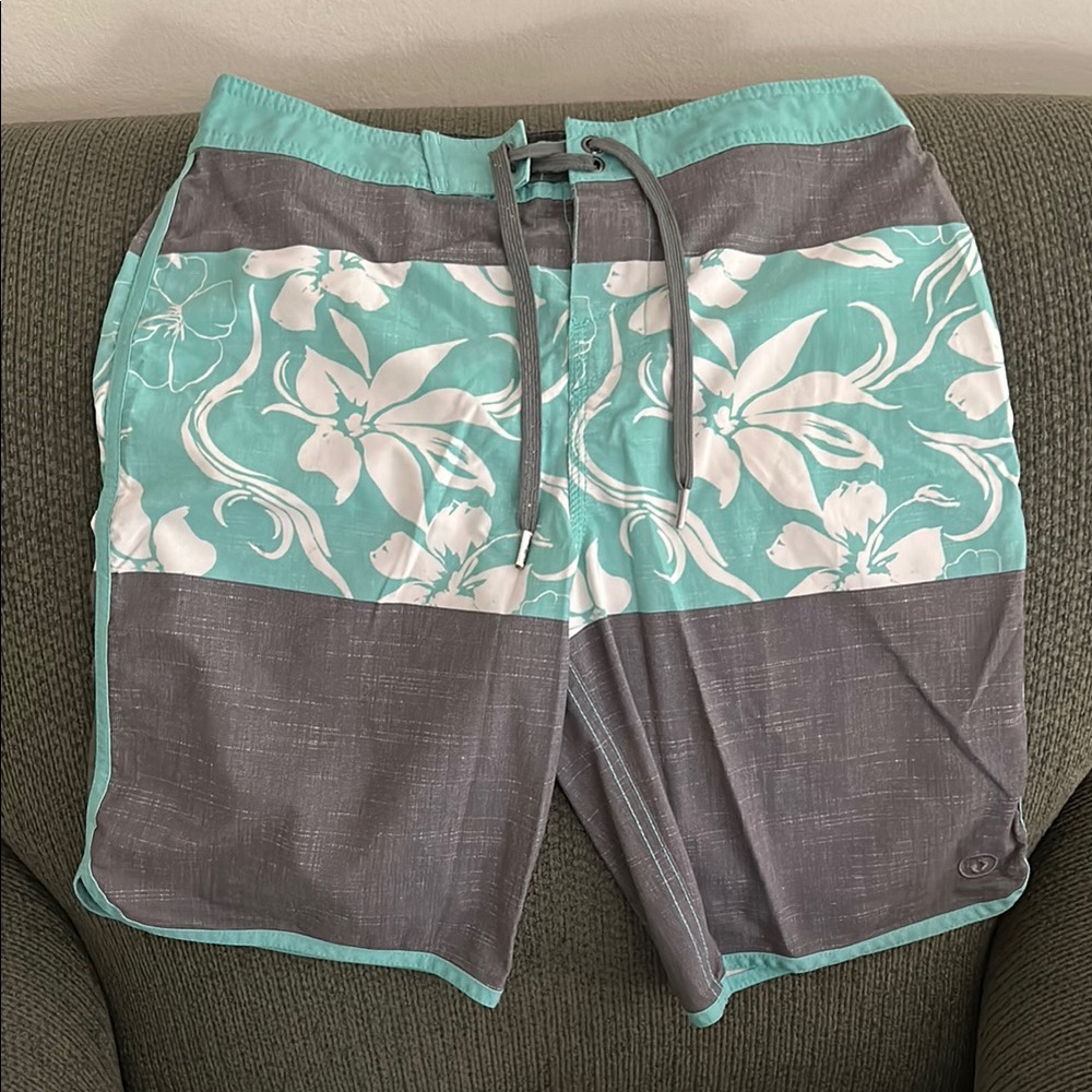 Hang Ten Boys Large 14/16 Floral Swim Shorts - Gray and Teal